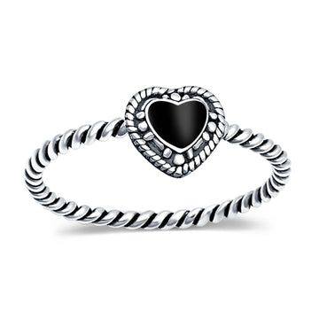Petite Dainty Heart Promise Ring Band Simulated Black Onyx Oxidized Braided 925 Sterling Silver